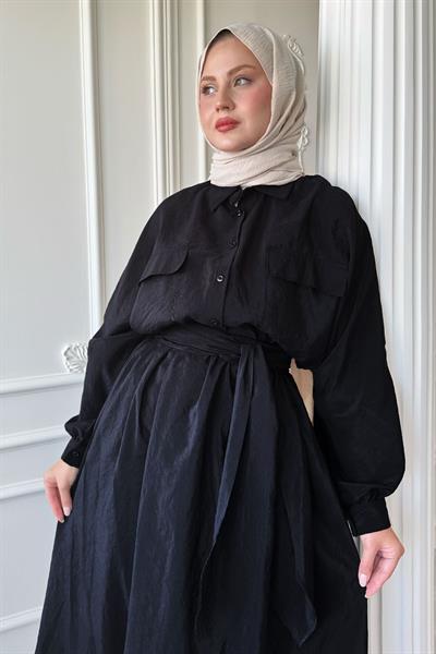 Çift Cepli Balon Kol Siyah Etekli Takım