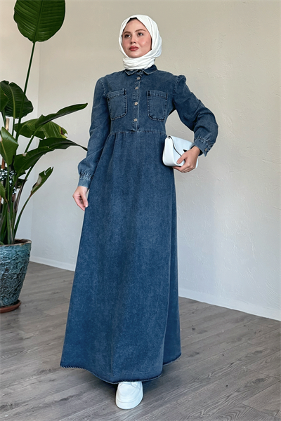 Çift Cepli Mavi Kot Elbise