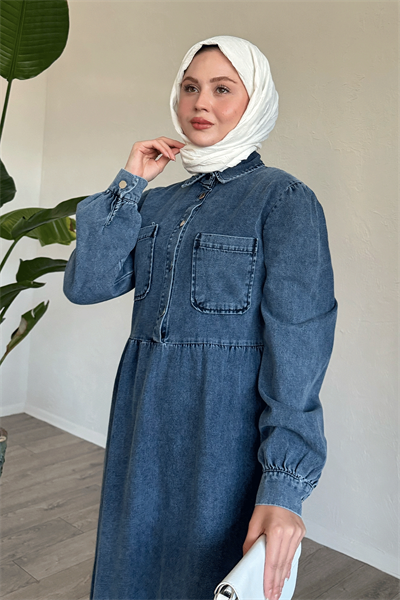 Çift Cepli Mavi Kot Elbise