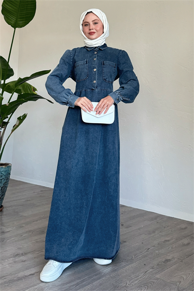 Çift Cepli Mavi Kot Elbise