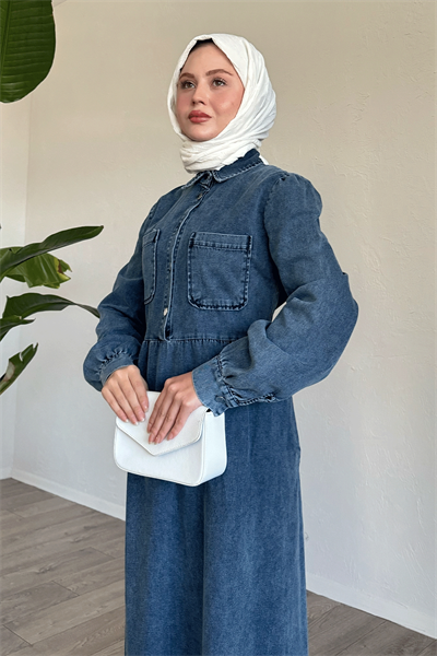 Çift Cepli Mavi Kot Elbise