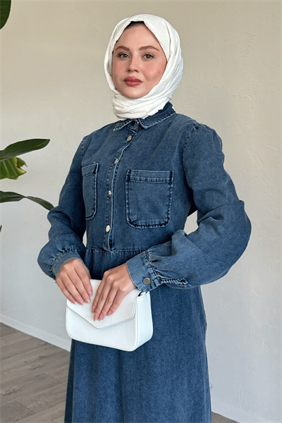 Çift Cepli Mavi Kot Elbise