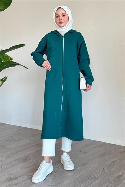 Çift Cepli Önden Fermuarlı Petrol Yeşili Kap