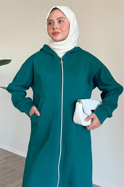 Çift Cepli Önden Fermuarlı Petrol Yeşili Kap