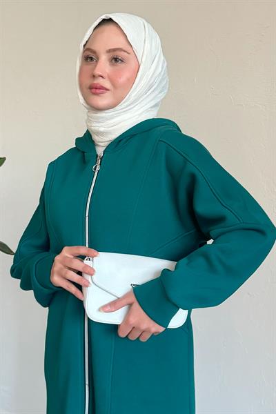 Çift Cepli Önden Fermuarlı Petrol Yeşili Kap