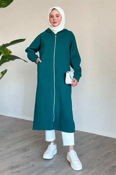 Çift Cepli Önden Fermuarlı Petrol Yeşili Kap