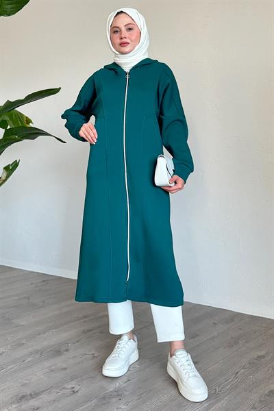 Çift Cepli Önden Fermuarlı Petrol Yeşili Kap