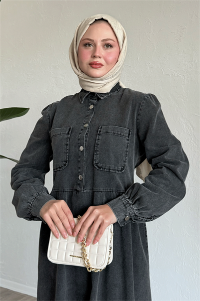 Çift Cepli Siyah Kot Elbise