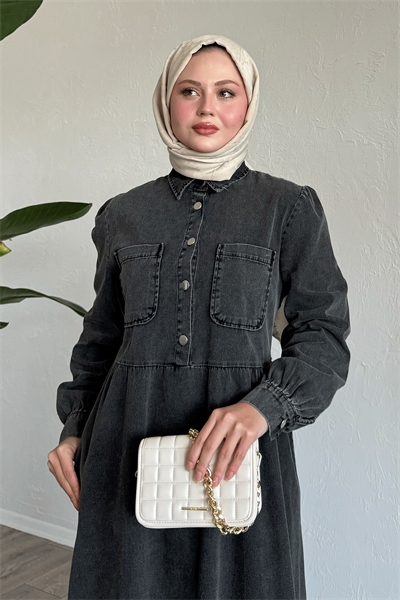 Çift Cepli Siyah Kot Elbise