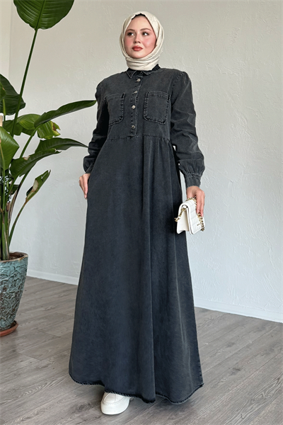 Çift Cepli Siyah Kot Elbise