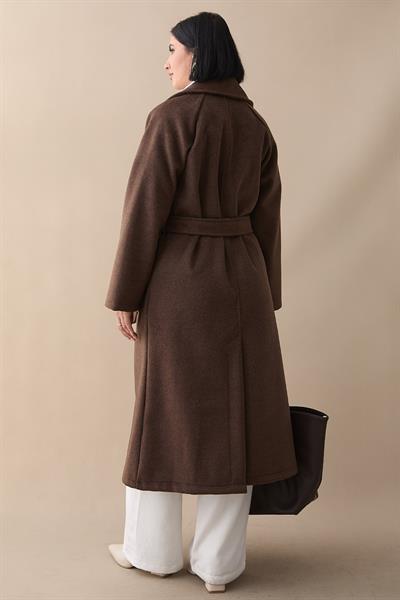 Çift Düğmeli Cepli Kuşaklı Acı Kahve Kaşe Kaban