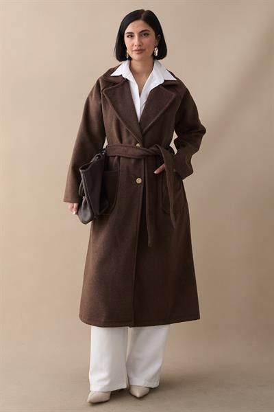 Çift Düğmeli Cepli Kuşaklı Acı Kahve Kaşe Kaban