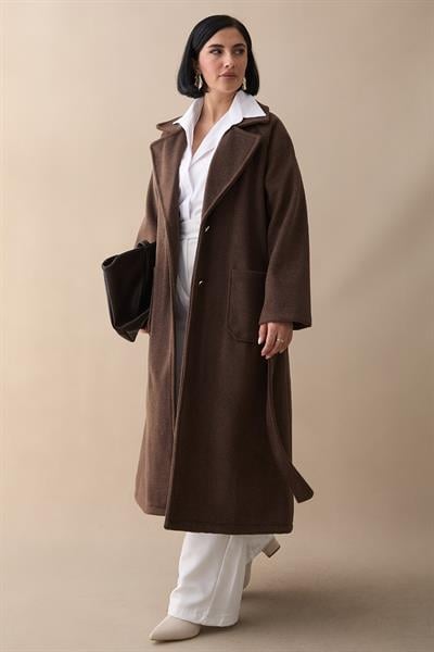 Çift Düğmeli Cepli Kuşaklı Acı Kahve Kaşe Kaban