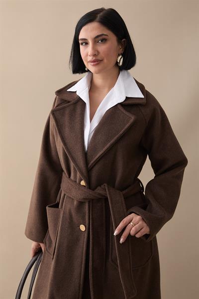 Çift Düğmeli Cepli Kuşaklı Acı Kahve Kaşe Kaban