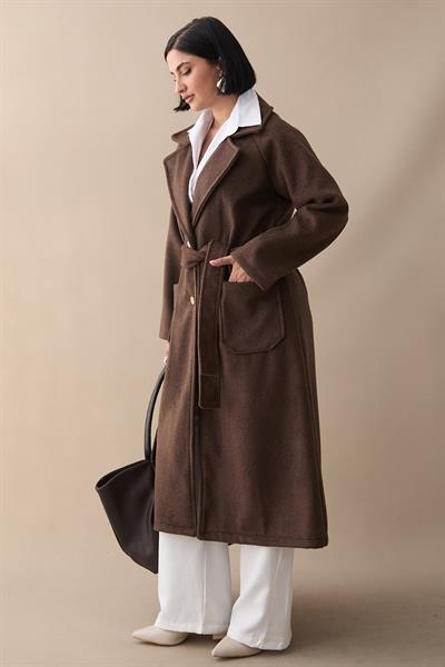 Çift Düğmeli Cepli Kuşaklı Acı Kahve Kaşe Kaban