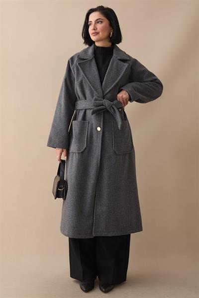 Çift Düğmeli Cepli Kuşaklı Antrasit Kaşe Kaban
