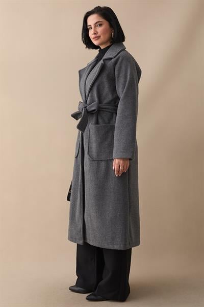 Çift Düğmeli Cepli Kuşaklı Antrasit Kaşe Kaban