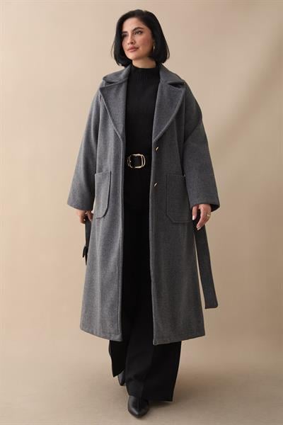 Çift Düğmeli Cepli Kuşaklı Antrasit Kaşe Kaban