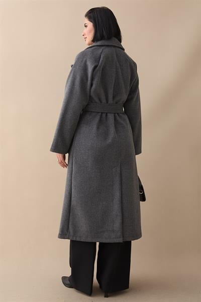 Çift Düğmeli Cepli Kuşaklı Antrasit Kaşe Kaban