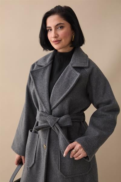 Çift Düğmeli Cepli Kuşaklı Antrasit Kaşe Kaban