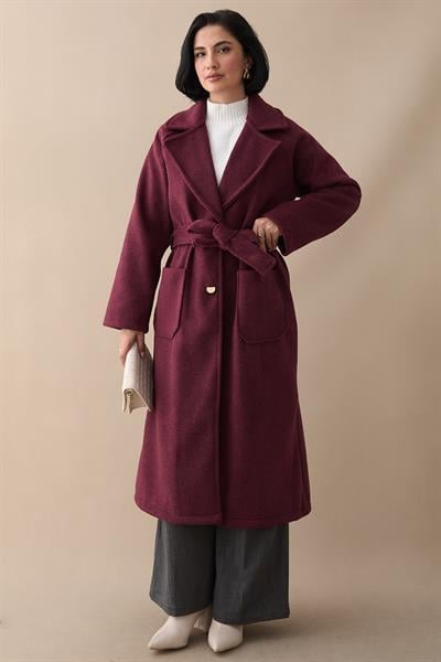 Çift Düğmeli Cepli Kuşaklı Mürdüm Kaşe Kaban