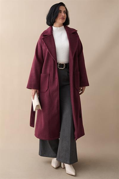 Çift Düğmeli Cepli Kuşaklı Mürdüm Kaşe Kaban