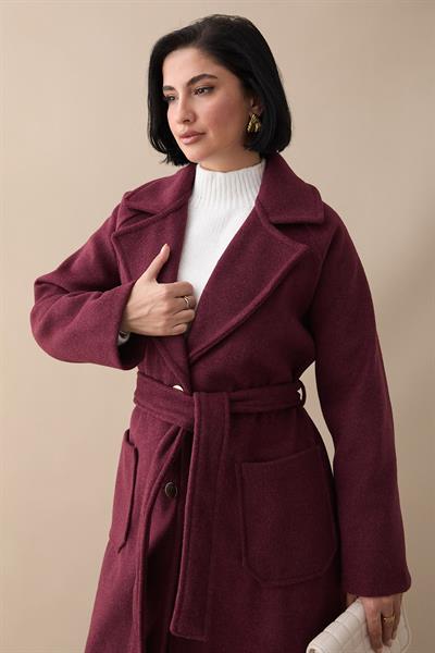 Çift Düğmeli Cepli Kuşaklı Mürdüm Kaşe Kaban