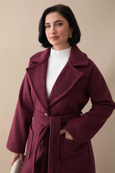 Çift Düğmeli Cepli Kuşaklı Mürdüm Kaşe Kaban