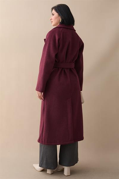 Çift Düğmeli Cepli Kuşaklı Mürdüm Kaşe Kaban