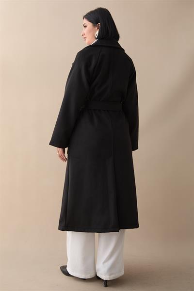 Çift Düğmeli Cepli Kuşaklı Siyah Kaşe Kaban