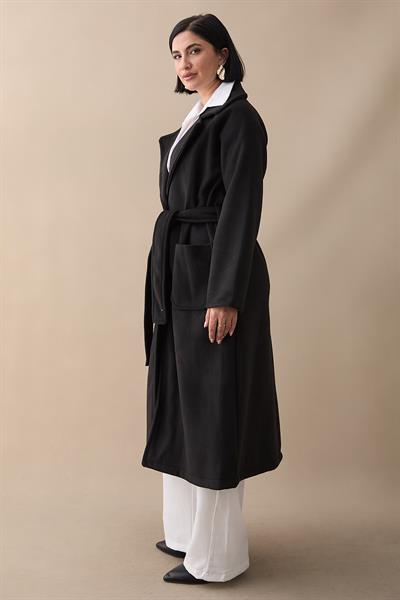 Çift Düğmeli Cepli Kuşaklı Siyah Kaşe Kaban