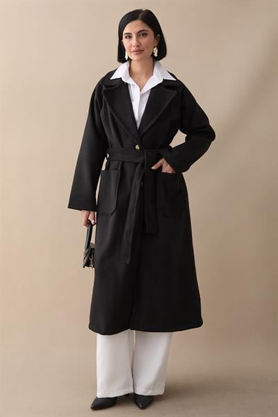 Çift Düğmeli Cepli Kuşaklı Siyah Kaşe Kaban