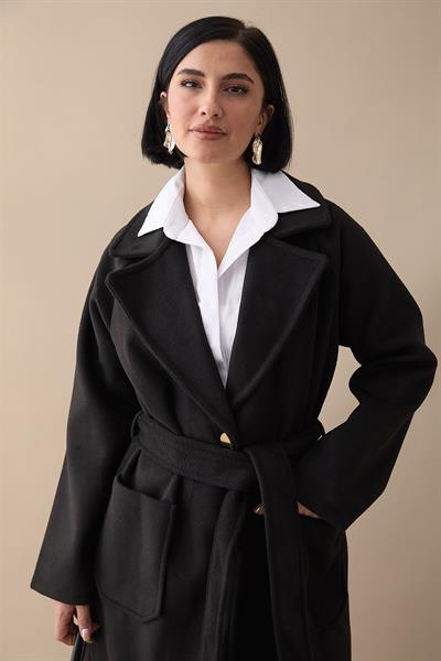 Çift Düğmeli Cepli Kuşaklı Siyah Kaşe Kaban