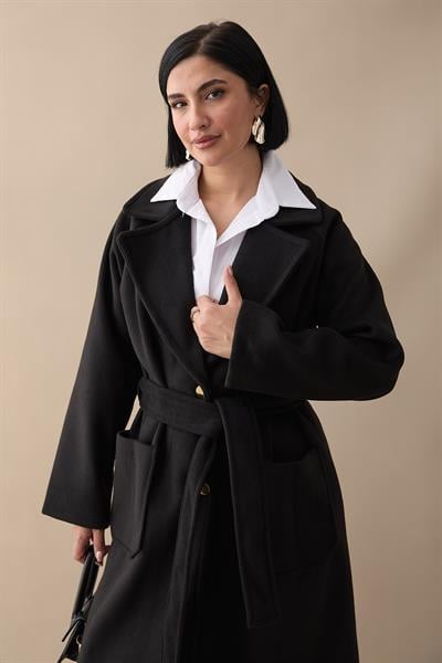 Çift Düğmeli Cepli Kuşaklı Siyah Kaşe Kaban