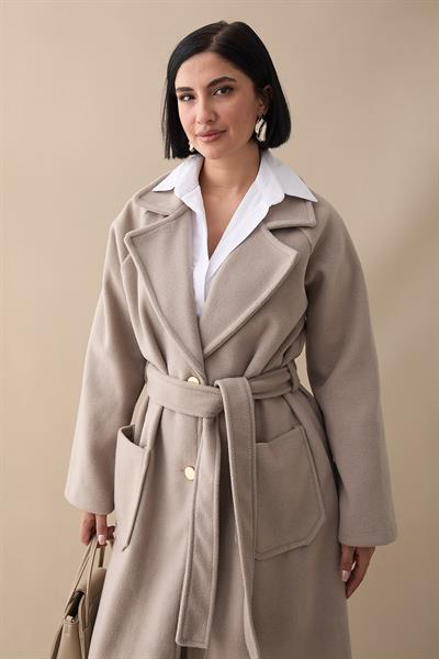 Çift Düğmeli Cepli Kuşaklı Taş Kaşe Kaban