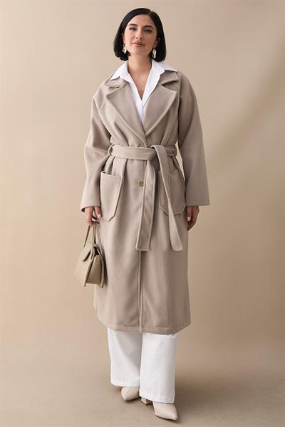 Çift Düğmeli Cepli Kuşaklı Taş Kaşe Kaban