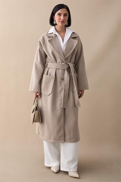 Çift Düğmeli Cepli Kuşaklı Taş Kaşe Kaban