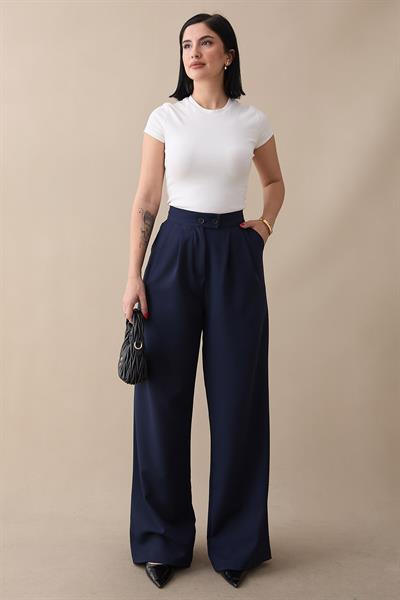 Çift Düğmeli Bol Paça Lacivert Pantolon