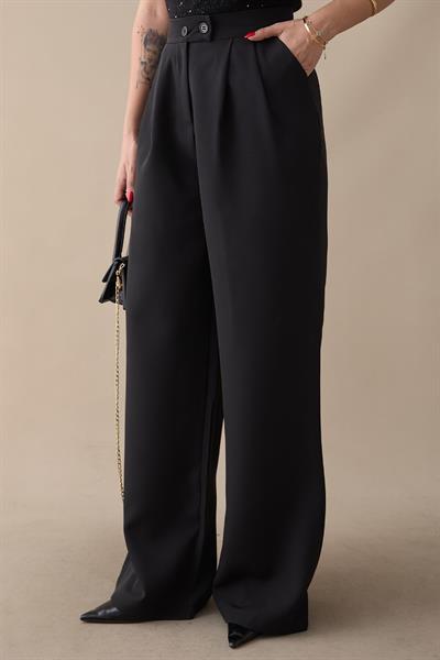 Çift Düğmeli Bol Paça Siyah Pantolon