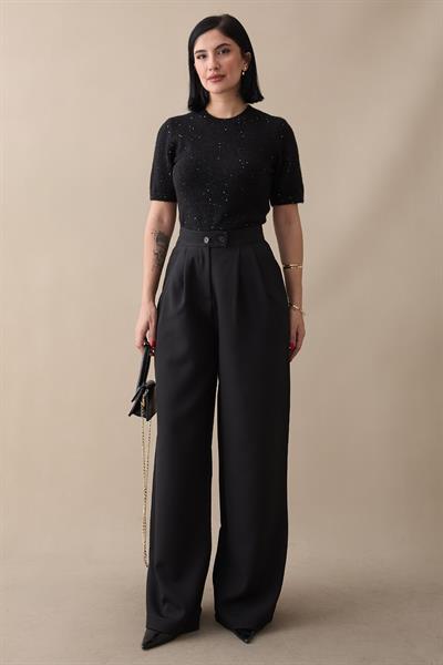 Çift Düğmeli Bol Paça Siyah Pantolon