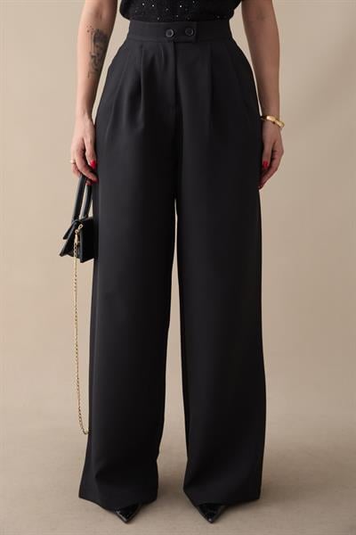 Çift Düğmeli Bol Paça Siyah Pantolon