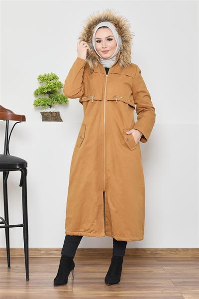 Çift Fermuar Detaylı Mont - Taba