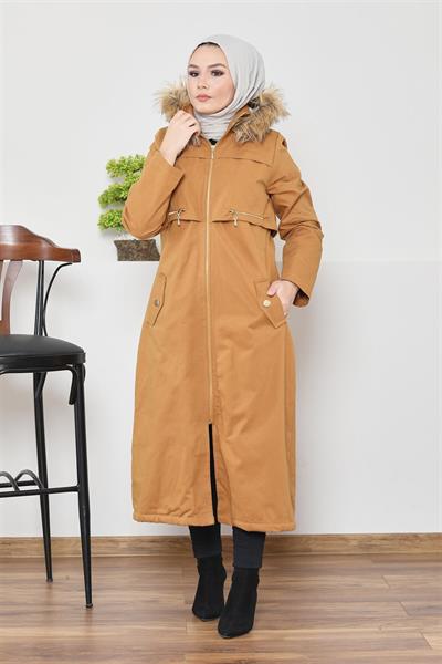 Çift Fermuar Detaylı Mont - Taba