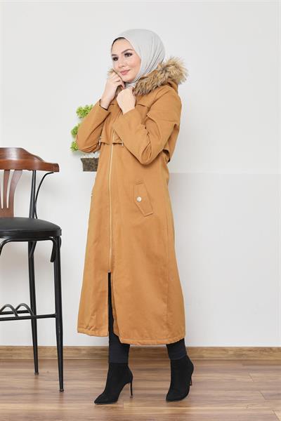 Çift Fermuar Detaylı Mont - Taba