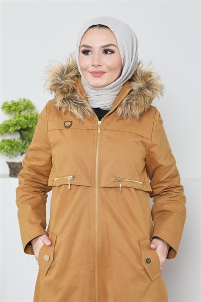 Çift Fermuar Detaylı Mont - Taba