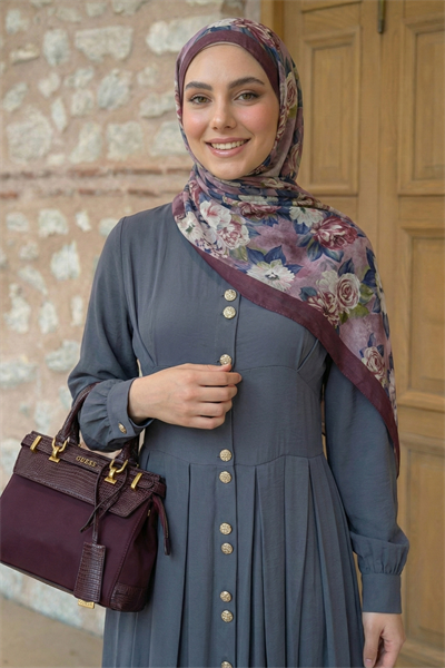 Çift Gold Düğmeli Füme Elbise