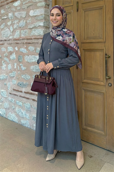 Çift Gold Düğmeli Füme Elbise