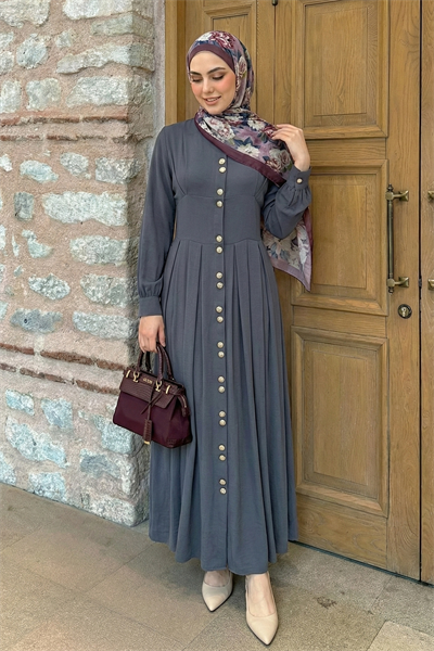 Çift Gold Düğmeli Füme Elbise