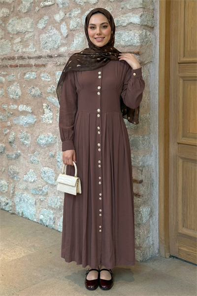 Çift Gold Düğmeli Gül Kurusu Elbise