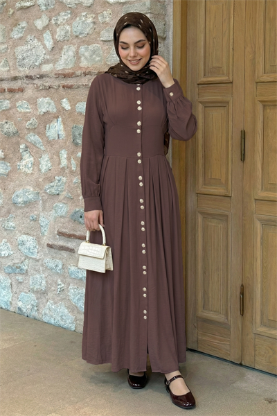 Çift Gold Düğmeli Gül Kurusu Elbise